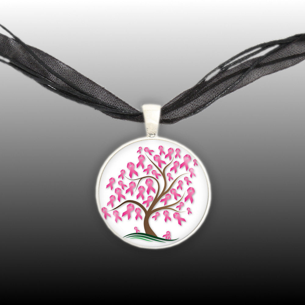 Pink Ribbon Tree Breast Cancer Awareness Illustration Folk Art Style 1" Pendant Necklace in Silver Tone