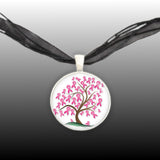 Pink Ribbon Tree Breast Cancer Awareness Illustration Folk Art Style 1" Pendant Necklace in Silver Tone