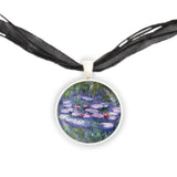 Floating Flowers Pink Water Lilies Monet Art Painting 1" Pendant Necklace in Silver Tone