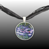 Floating Flowers Pink Water Lilies Monet Art Painting 1" Pendant Necklace in Silver Tone