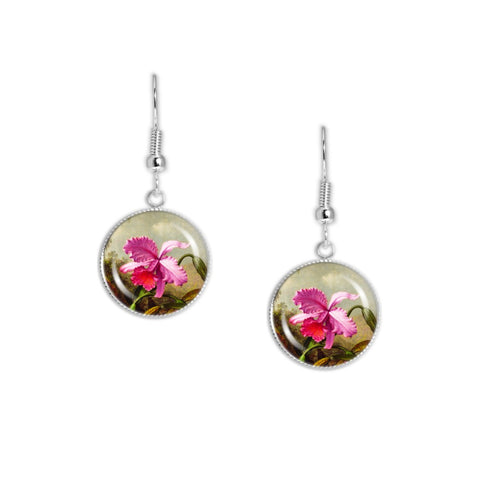Dark Pink Tropical Orchid Flower Heade Art Painting Dangle Earrings w/ 3/4" Charms in Silver Tone