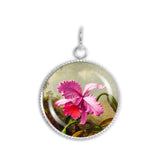 Tropical Dark Pink Orchid Flower Heade Art Painting 3/4" Charm for Petite Pendant or Bracelet in Silver Tone