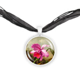 Tropical Dark Pink Orchid Flower Heade Art Painting 1" Pendant Necklace in Silver Tone