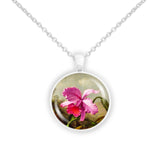 Tropical Dark Pink Orchid Flower Heade Art Painting 1" Pendant Necklace in Silver Tone