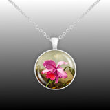 Tropical Dark Pink Orchid Flower Heade Art Painting 1" Pendant Necklace in Silver Tone