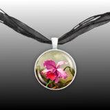 Tropical Dark Pink Orchid Flower Heade Art Painting 1" Pendant Necklace in Silver Tone