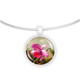 Tropical Dark Pink Orchid Flower Heade Art Painting 1" Pendant Necklace in Silver Tone