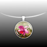 Tropical Dark Pink Orchid Flower Heade Art Painting 1" Pendant Necklace in Silver Tone