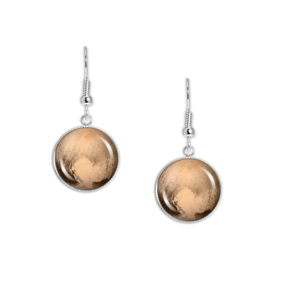 Dwarf Planet Pluto w/ Heart Surface Feature Solar System Space Dangle Earrings w/ 3/4" Charms in Silver Tone