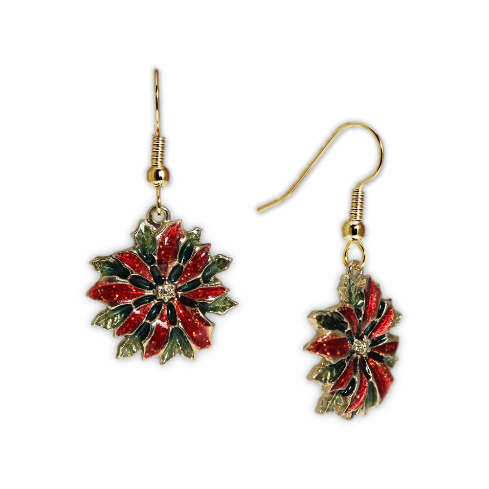 Red & Green Poinsettia Earrings in Gold Tone, Holidays, Christmas, New Years