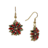 Red & Green Poinsettia Earrings in Gold Tone, Holidays, Christmas, New Years