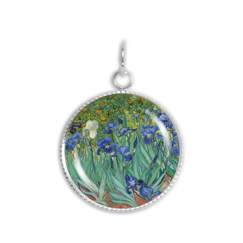 Purple, Blue & White Iris Flowers Van Gogh Painting 3/4" Charm for Petite Pendant or Bracelet in Silver Tone