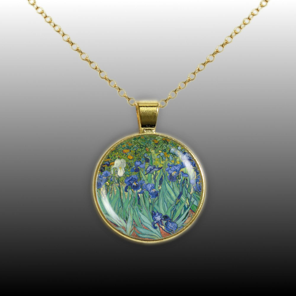 Purple, Blue & White Iris Flowers Van Gogh Art Painting 1" Pendant Necklace in Gold Tone