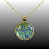 Purple, Blue & White Iris Flowers Van Gogh Art Painting 1" Pendant Necklace in Gold Tone