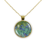 Purple, Blue & White Iris Flowers Van Gogh Art Painting 1" Pendant Necklace in Gold Tone