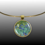 Purple, Blue & White Iris Flowers Van Gogh Art Painting 1" Pendant Necklace in Gold Tone