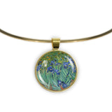 Purple, Blue & White Iris Flowers Van Gogh Art Painting 1" Pendant Necklace in Gold Tone