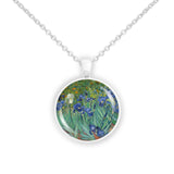 Purple, Blue & White Iris Flowers Van Gogh Art Painting 1" Pendant Necklace in Silver Tone