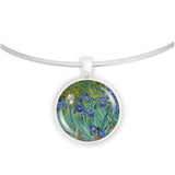 Purple, Blue & White Iris Flowers Van Gogh Art Painting 1" Pendant Necklace in Silver Tone