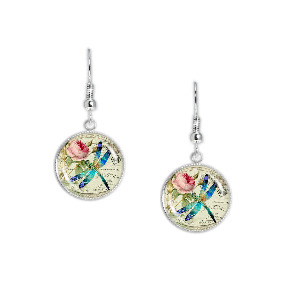 Blue Dragonfly & Pink Rose Romantic Style Artwork Print Dangle Earrings w/ 3/4" Charms in Silver Tone