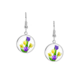 Sunny Yellow & Velvet Purple Tulip Flowers Dangle Earrings w/ 3/4" Charms in Silver Tone