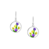 Sunny Yellow & Velvet Purple Tulip Flowers Dangle Earrings w/ 3/4" Charms in Silver Tone