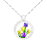 Sunny Yellow & Velvet Purple Tulip Flowers Art 1" Pendant Necklace Silver Tone