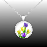 Sunny Yellow & Velvet Purple Tulip Flowers Art 1" Pendant Necklace Silver Tone