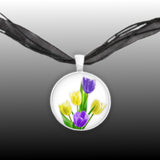Sunny Yellow & Velvet Purple Tulip Flowers Art 1" Pendant Necklace Silver Tone