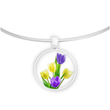 Sunny Yellow & Velvet Purple Tulip Flowers Art 1" Pendant Necklace Silver Tone