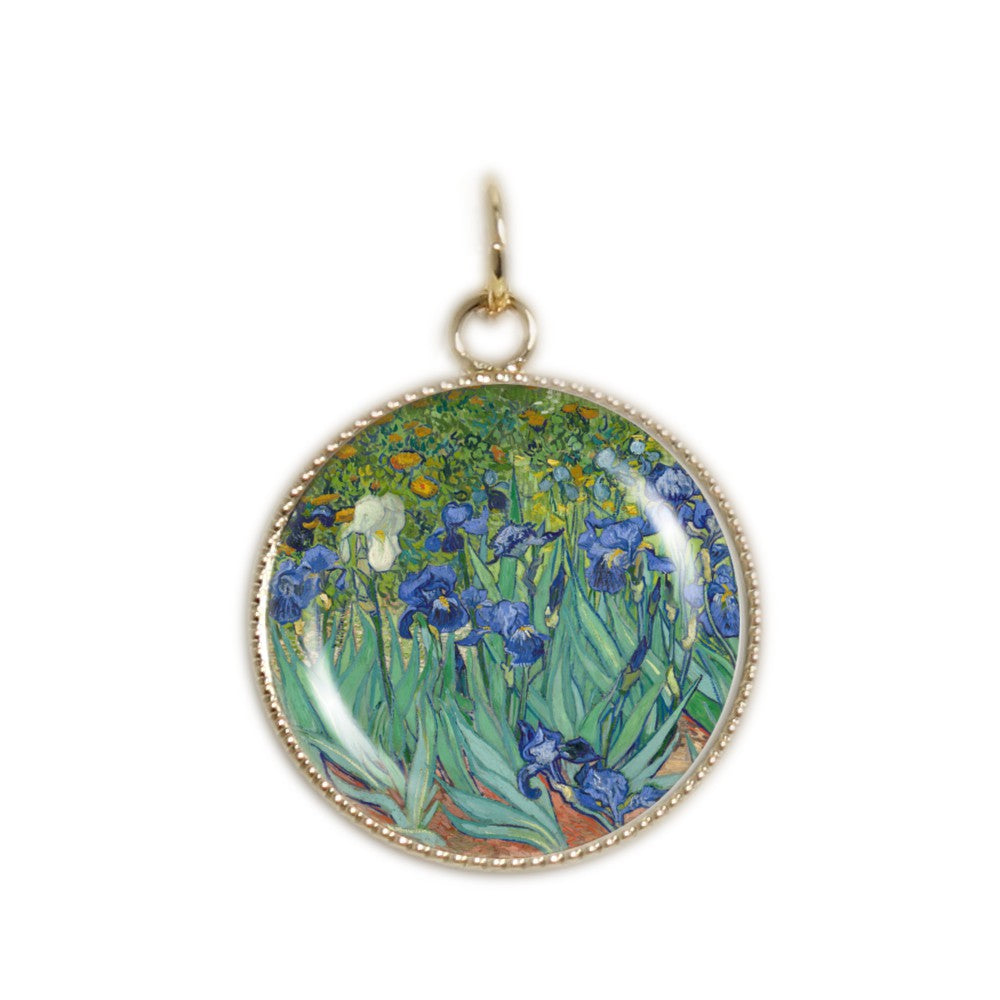 Purple, Blue & White Iris Flowers Van Gogh Painting 3/4" Charm for Petite Pendant or Bracelet in Gold Tone