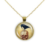 Black Raven or Crow Perched on Red Skull Vintage Style Artwork 1" Pendant Chain Necklace in Silver Tone or Gold Tone