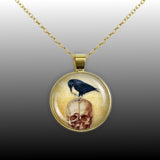 Black Raven or Crow Perched on Red Skull Vintage Style Artwork 1" Pendant Chain Necklace in Silver Tone or Gold Tone