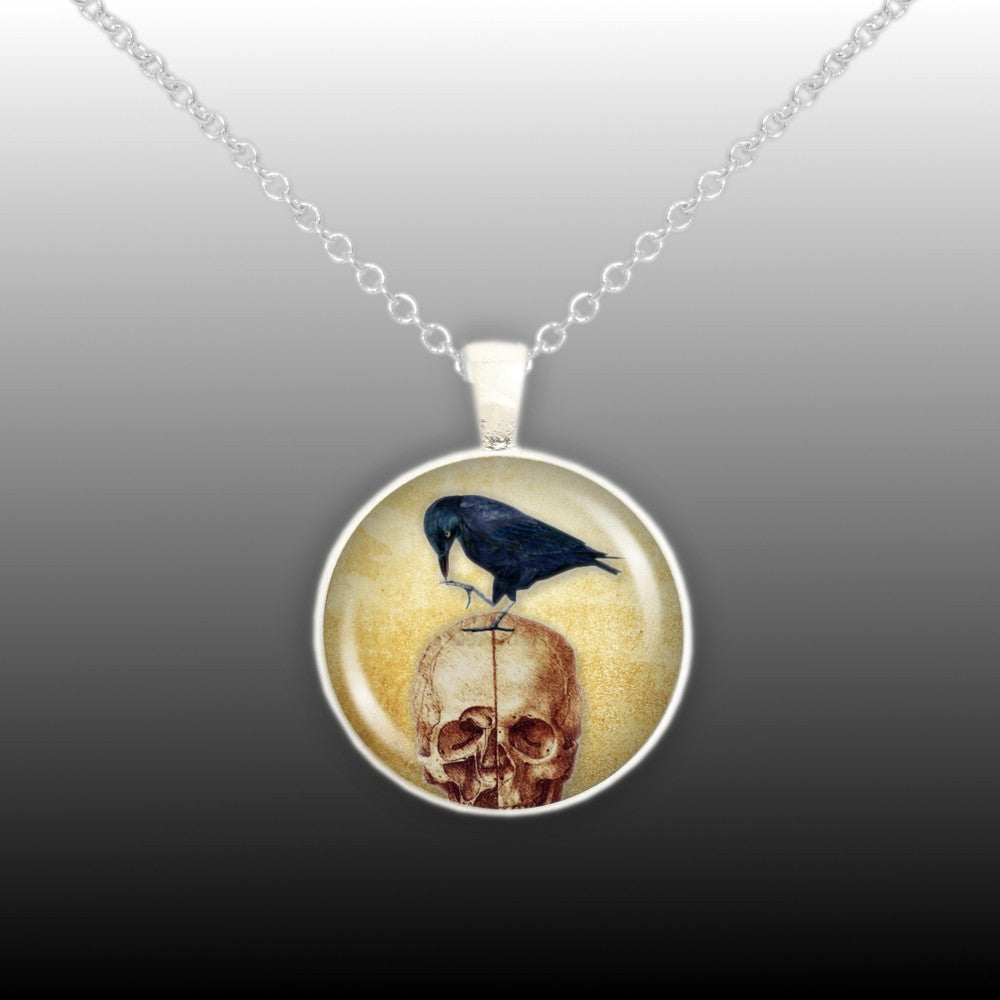 Black Raven or Crow Perched on Red Skull Vintage Style Artwork 1" Pendant Chain Necklace in Silver Tone or Gold Tone