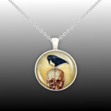 Black Raven or Crow Perched on Red Skull Vintage Style Artwork 1" Pendant Chain Necklace in Silver Tone or Gold Tone