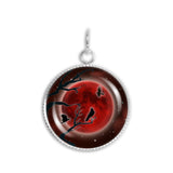 Crow or Raven Birds in Tree Against Blood Red Moon Autumn & Halloween Illustration Art 3/4" Charm for Petite Pendant or Bracelet in Silver Tone