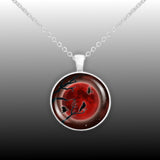 Crow or Raven Birds in Tree Against Blood Red Moon Autumn & Halloween Illustration Art 1" Pendant Necklace in Silver Tone