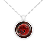 Crow or Raven Birds in Tree Against Blood Red Moon Autumn & Halloween Illustration Art 1" Pendant Necklace in Silver Tone