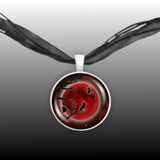 Crow or Raven Birds in Tree Against Blood Red Moon Autumn & Halloween Illustration Art 1" Pendant Necklace in Silver Tone