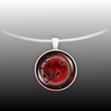 Crow or Raven Birds in Tree Against Blood Red Moon Autumn & Halloween Illustration Art 1" Pendant Necklace in Silver Tone