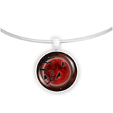 Crow or Raven Birds in Tree Against Blood Red Moon Autumn & Halloween Illustration Art 1" Pendant Necklace in Silver Tone