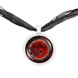 Crow or Raven Birds in Tree Against Blood Red Moon Autumn & Halloween Illustration Art 1" Pendant Necklace in Silver Tone