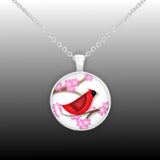 Crimson Red Cardinal Bird w/ Pink Cherry Blossom Flowers Folk Art Style 1" Pendant Necklace in Silver Tone
