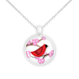 Crimson Red Cardinal Bird w/ Pink Cherry Blossom Flowers Folk Art Style 1" Pendant Necklace in Silver Tone