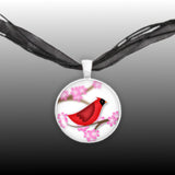 Crimson Red Cardinal Bird w/ Pink Cherry Blossom Flowers Folk Art Style 1" Pendant Necklace in Silver Tone