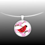 Crimson Red Cardinal Bird w/ Pink Cherry Blossom Flowers Folk Art Style 1" Pendant Necklace in Silver Tone