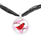 Crimson Red Cardinal Bird w/ Pink Cherry Blossom Flowers Folk Art Style 1" Pendant Necklace in Silver Tone