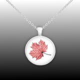 Red Maple Leaf Color Pencil Drawing Style 1" Pendant Necklace in Silver Tone