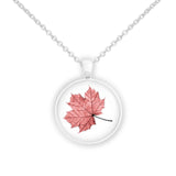 Red Maple Leaf Color Pencil Drawing Style 1" Pendant Necklace in Silver Tone