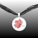 Red Maple Leaf Color Pencil Drawing Style 1" Pendant Necklace in Silver Tone